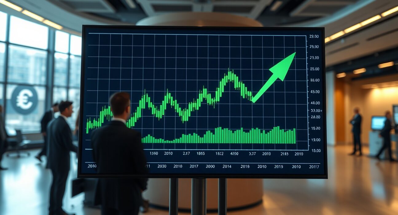 Digital trading screen showing an upward-trending euro (EUR/USD) chart in a modern financial news setting.