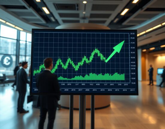 Digital trading screen showing an upward-trending euro (EUR/USD) chart in a modern financial news setting.