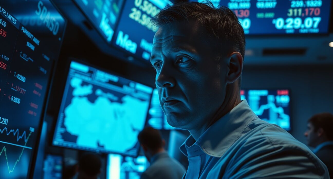 Financial trader monitors currency exchange rates amid geopolitical tensions in the Strait of Hormuz.