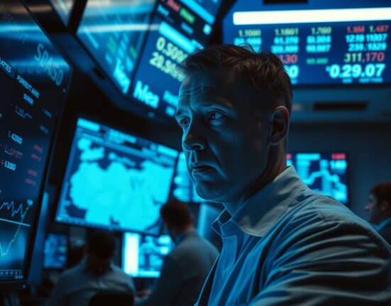 Financial trader monitors currency exchange rates amid geopolitical tensions in the Strait of Hormuz.