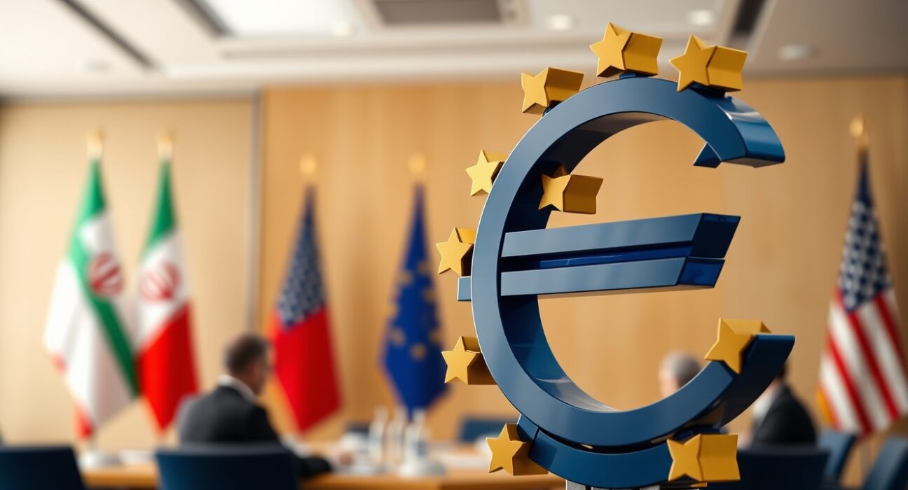 Euro symbol in foreground with diplomatic meeting in background representing Iran ceasefire talks