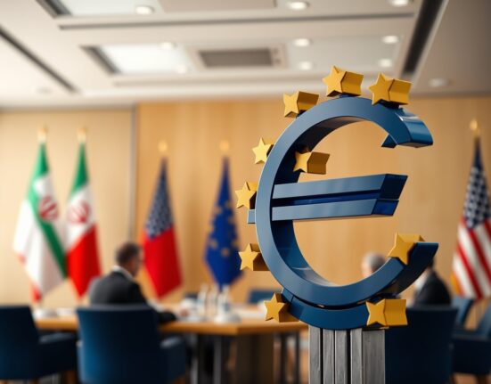 Euro symbol in foreground with diplomatic meeting in background representing Iran ceasefire talks