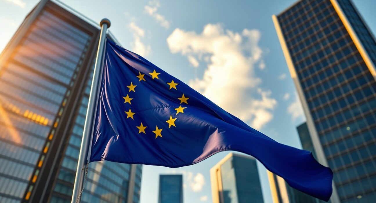EU flag waving in front of a financial district skyline at sunset, symbolizing euro strength amid geopolitical shifts.
