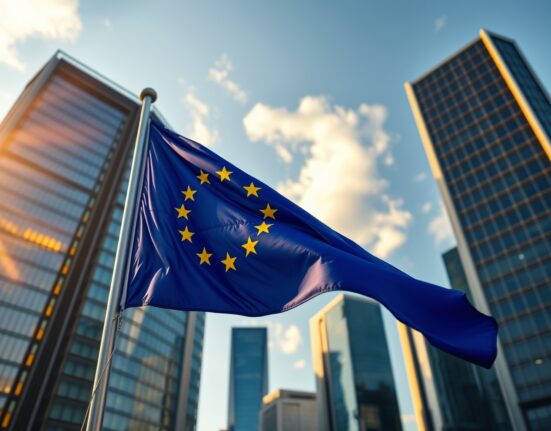 EU flag waving in front of a financial district skyline at sunset, symbolizing euro strength amid geopolitical shifts.