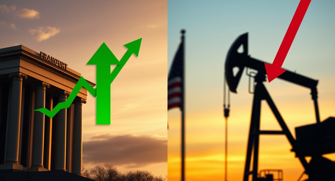Split image of ECB headquarters with euro rising and oil pump with prices falling, representing currency and commodity market shifts.