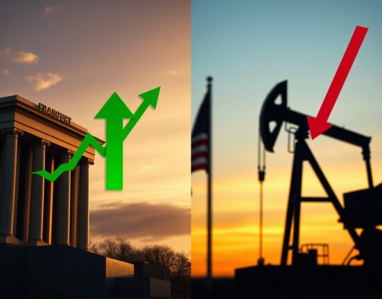 Split image of ECB headquarters with euro rising and oil pump with prices falling, representing currency and commodity market shifts.