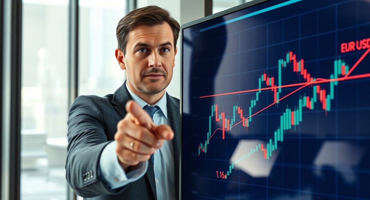 Financial analyst reviewing EUR/USD chart with resistance near 1.16 level
