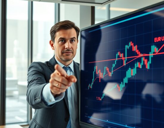 Financial analyst reviewing EUR/USD chart with resistance near 1.16 level