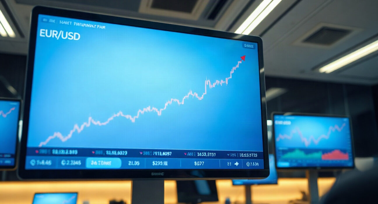 EUR/USD currency chart on trading screen with upward trend