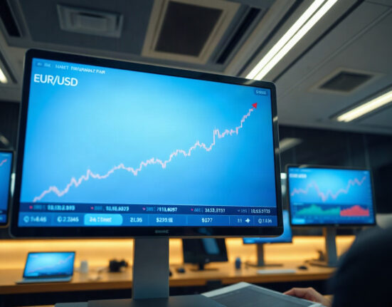 EUR/USD currency chart on trading screen with upward trend