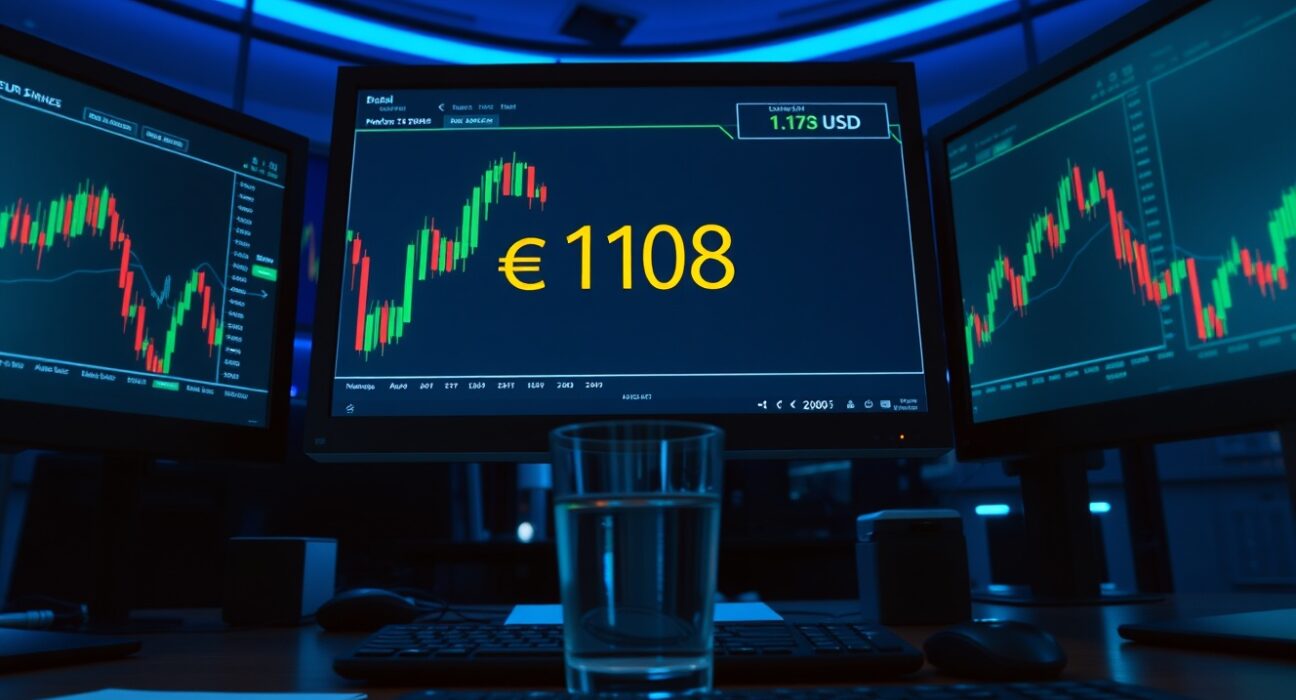 EUR/USD trading desk with candlestick charts and currency ticker on monitors