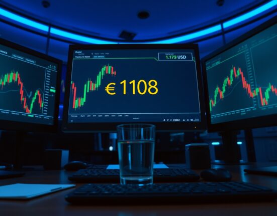 EUR/USD trading desk with candlestick charts and currency ticker on monitors