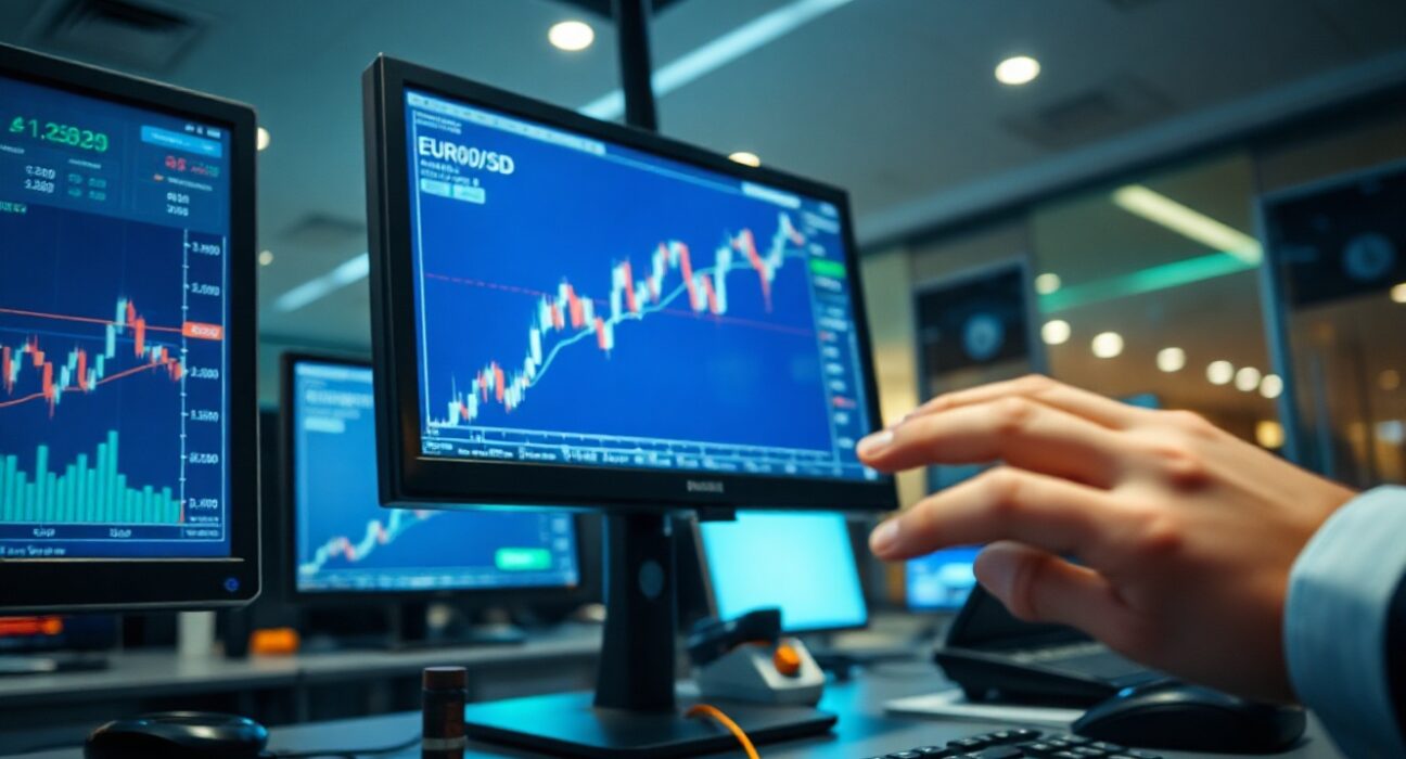 Trading desk monitors showing EUR/USD currency charts in a modern financial office