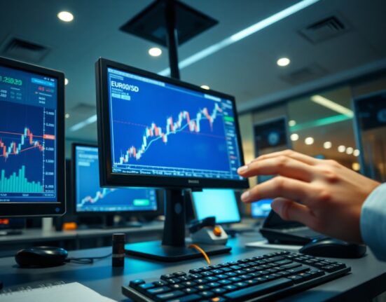 Trading desk monitors showing EUR/USD currency charts in a modern financial office