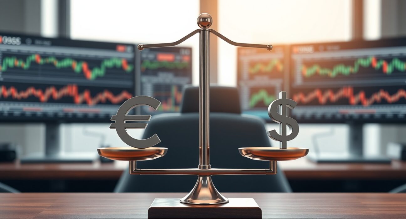 Euro and US dollar symbols on a balanced scale in a trading office setting