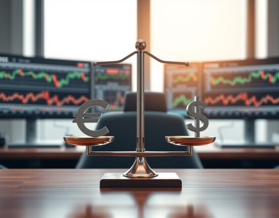 Euro and US dollar symbols on a balanced scale in a trading office setting