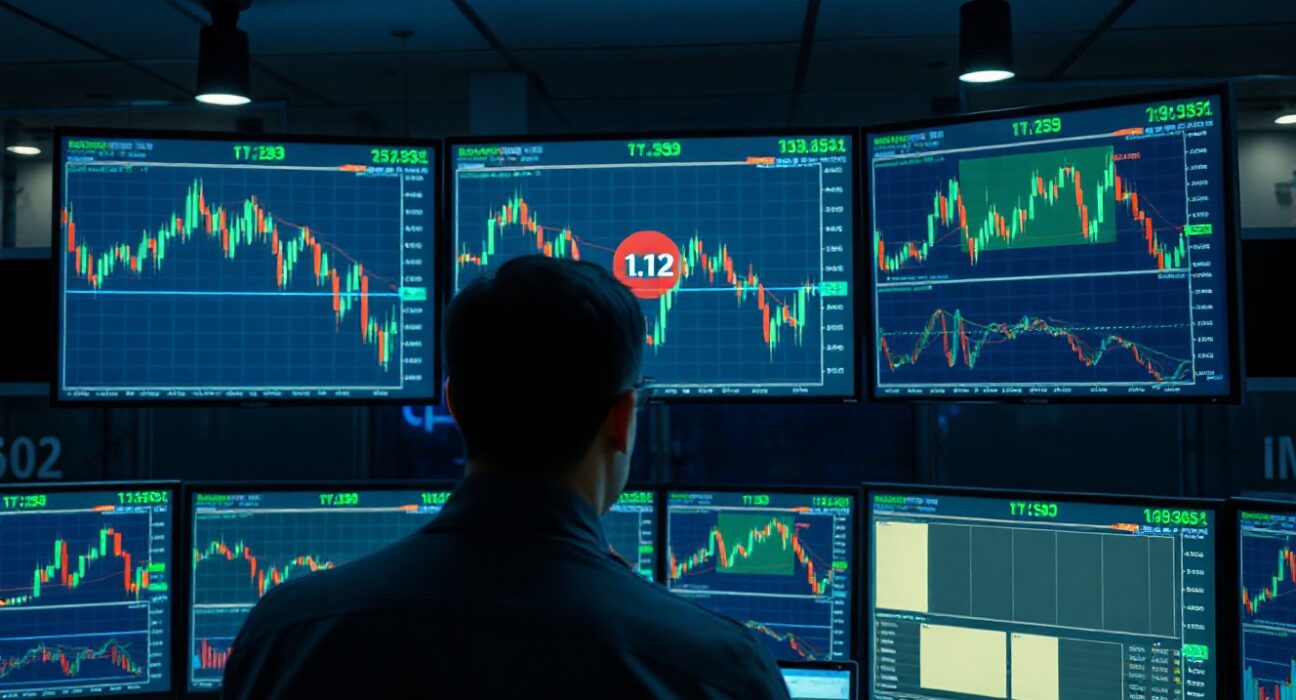 Trader analyzing EUR/USD chart with downside bias toward 1.12 level
