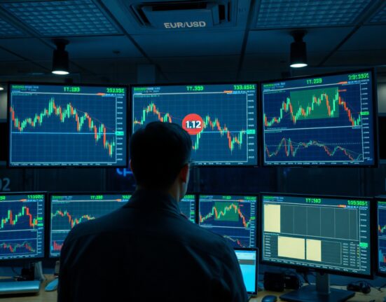 Trader analyzing EUR/USD chart with downside bias toward 1.12 level