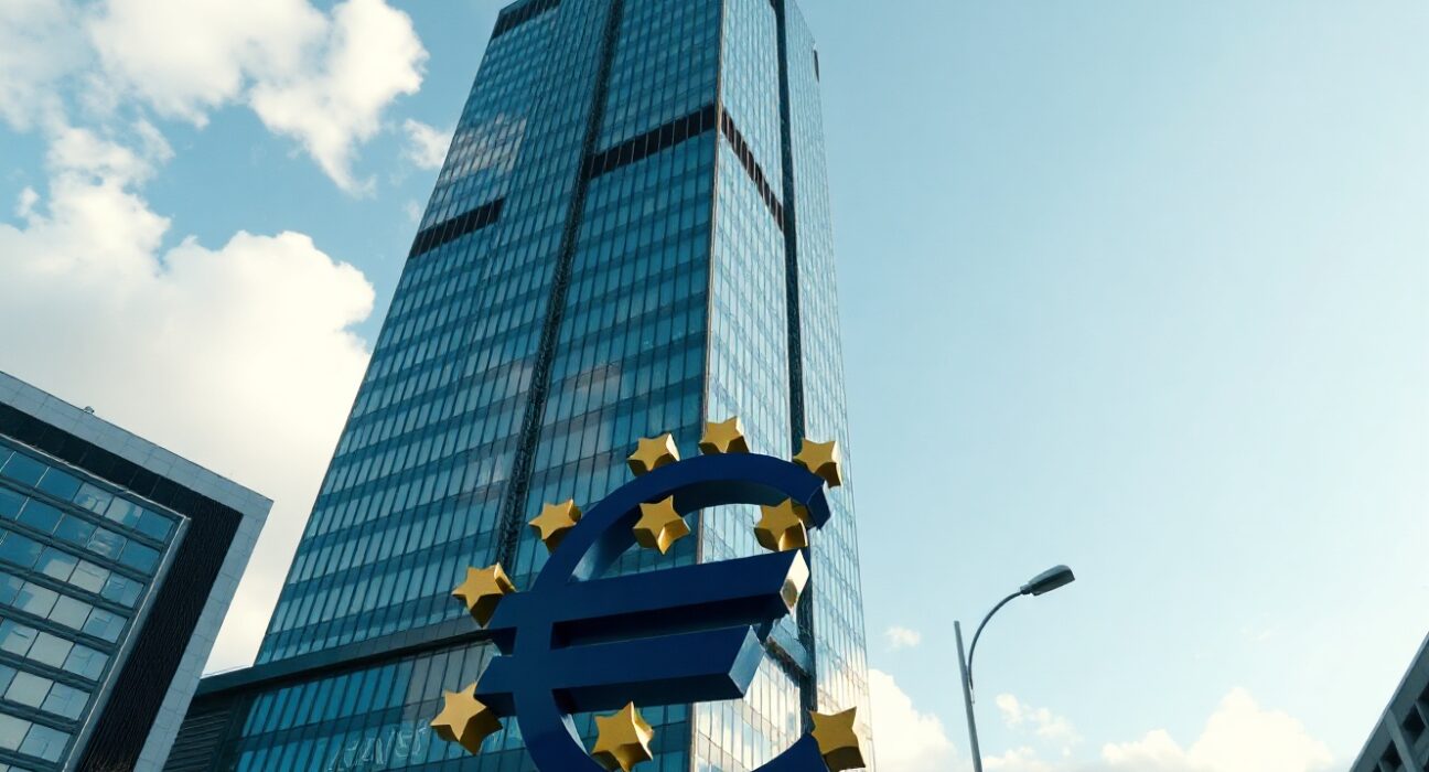 European Central Bank headquarters in Frankfurt on a clear day, representing euro stability ahead of monetary policy decision.
