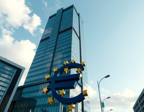 European Central Bank headquarters in Frankfurt on a clear day, representing euro stability ahead of monetary policy decision.