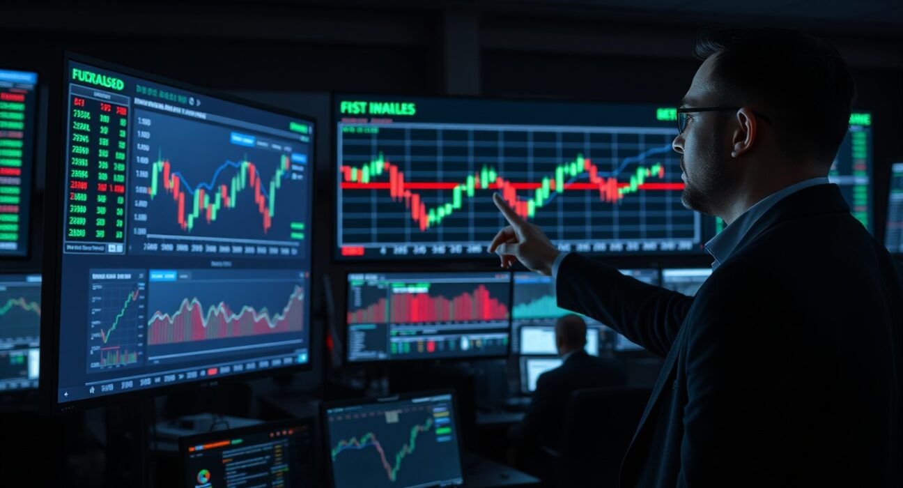 Financial analyst analyzing EUR/USD range trading chart on trading floor monitors