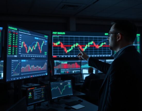 Financial analyst analyzing EUR/USD range trading chart on trading floor monitors