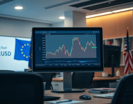 EUR/USD chart on a monitor showing a rangebound trend on a trading desk