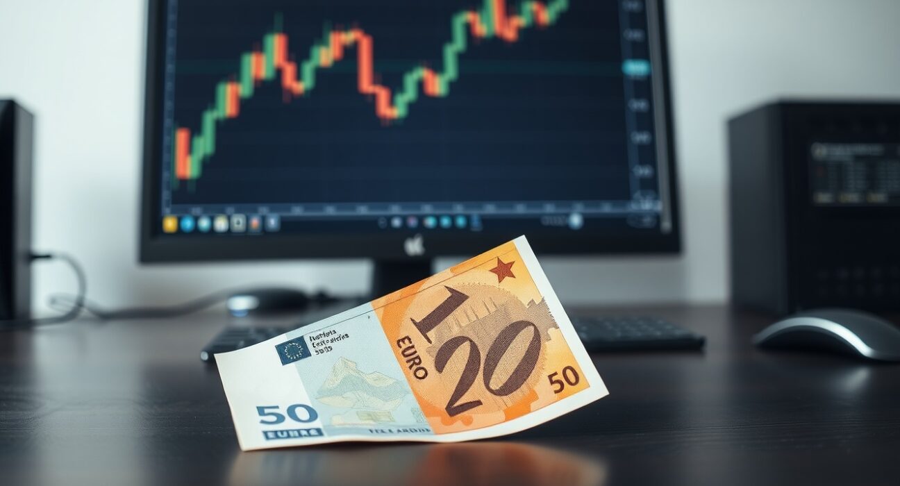 Euro and US dollar banknotes on a desk with a blurred forex chart in the background