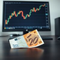 Euro and US dollar banknotes on a desk with a blurred forex chart in the background