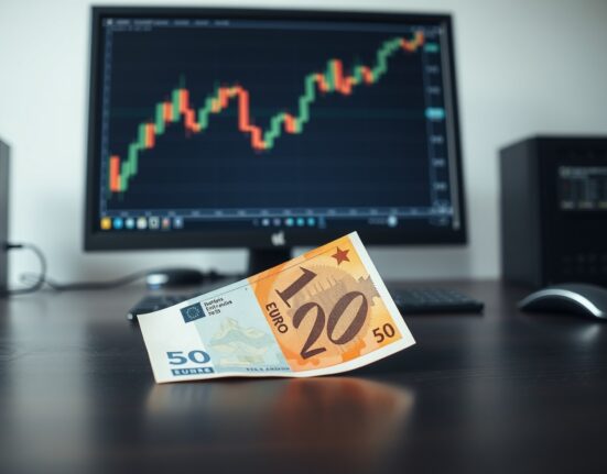 Euro and US dollar banknotes on a desk with a blurred forex chart in the background