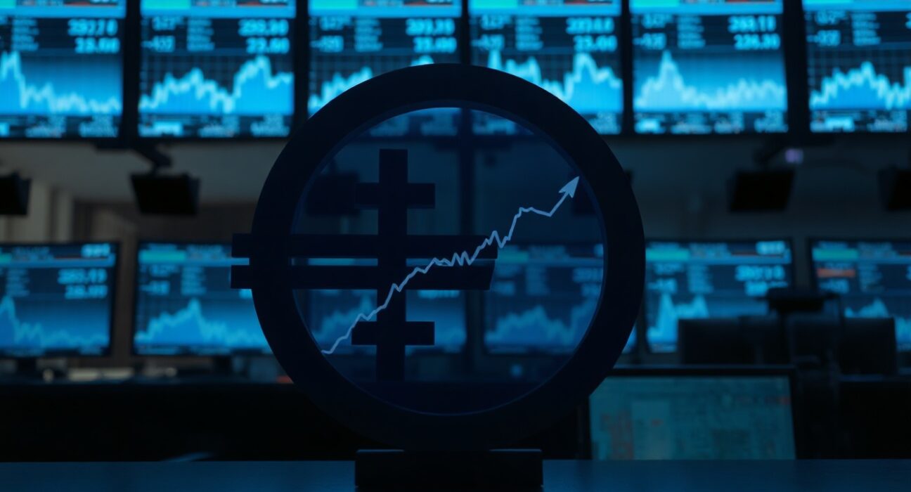 Euro currency symbol with downward trend graph in a trading floor environment
