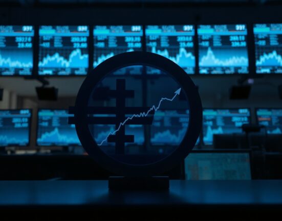 Euro currency symbol with downward trend graph in a trading floor environment