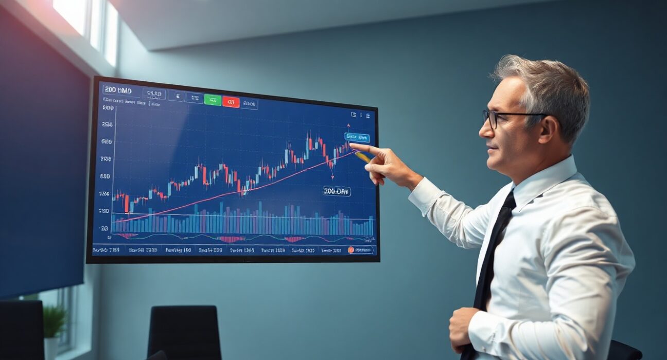 Financial analyst studying EUR/USD chart with 200-day moving average resistance line