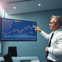 Financial analyst studying EUR/USD chart with 200-day moving average resistance line