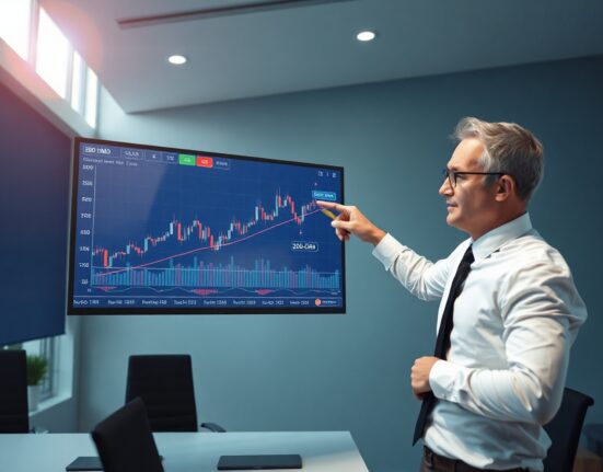 Financial analyst studying EUR/USD chart with 200-day moving average resistance line