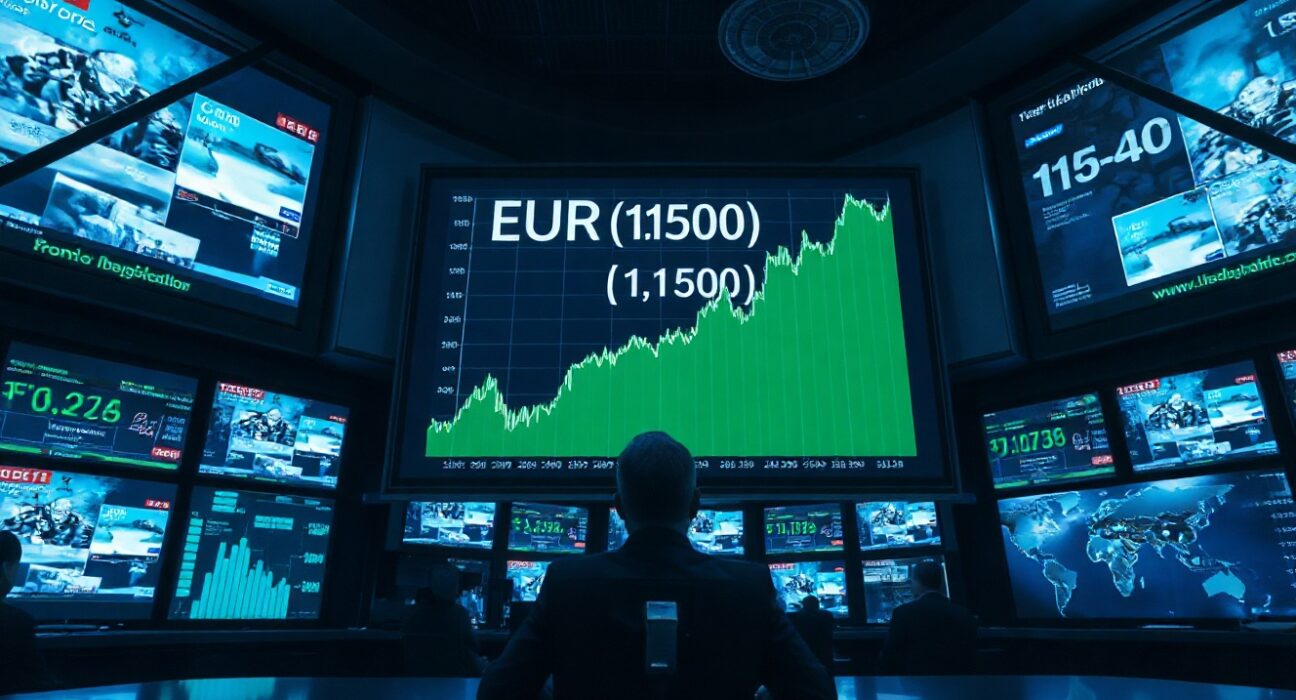 EUR/USD chart showing rebound above 1.1500 on trading floor screens amid US-Iran peace news and Fed rate decision.