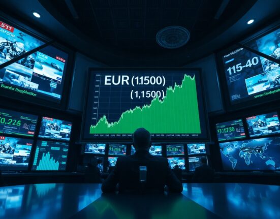 EUR/USD chart showing rebound above 1.1500 on trading floor screens amid US-Iran peace news and Fed rate decision.