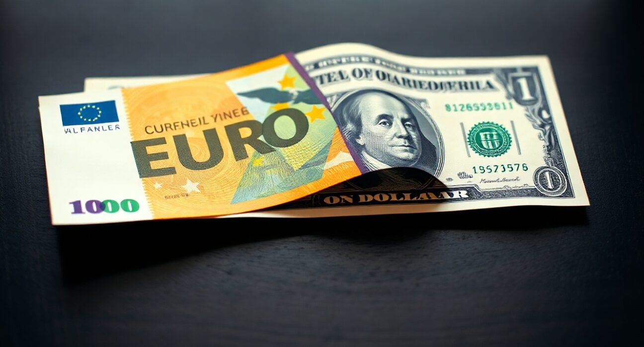 Euro and US Dollar banknotes on a dark surface representing currency exchange rates.