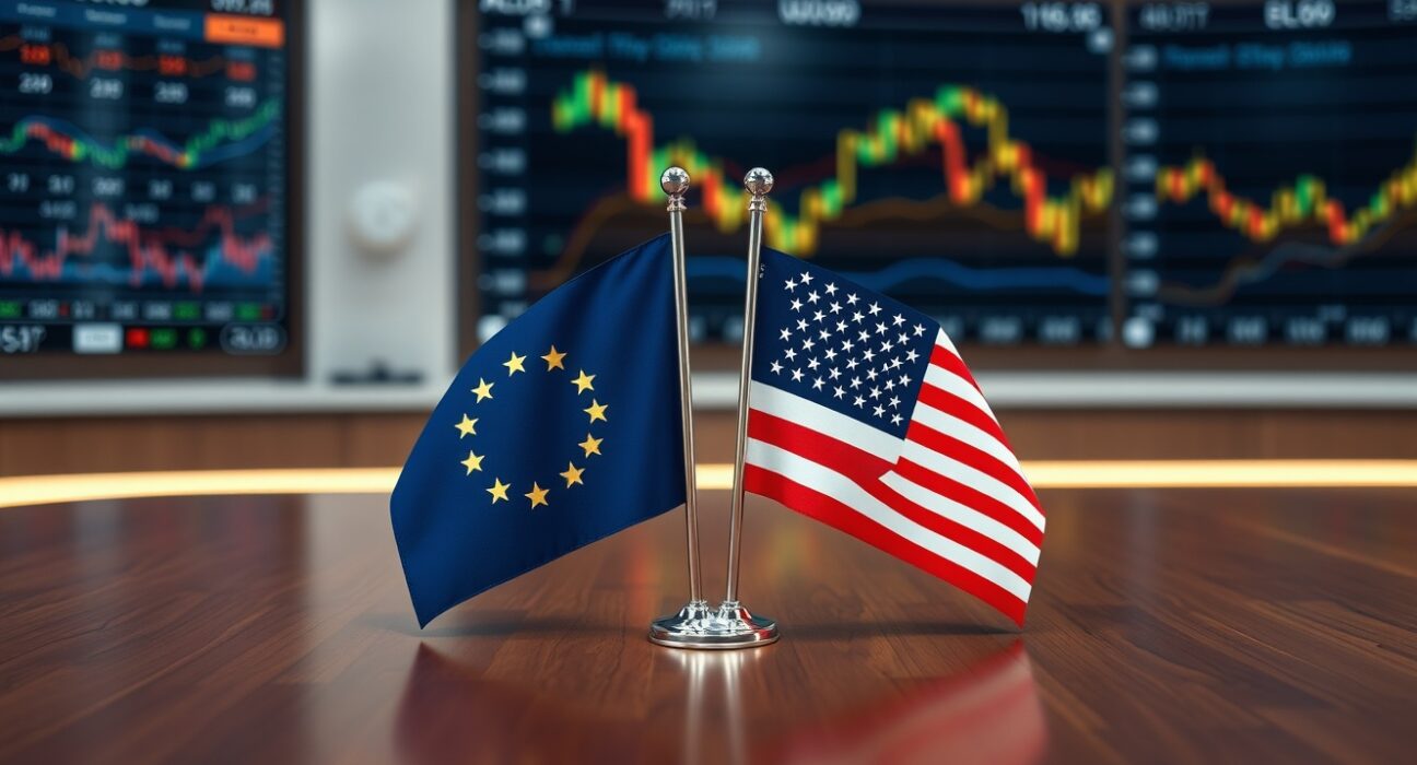 European Union and United States flags on a table in a financial news studio setting.