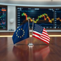 European Union and United States flags on a table in a financial news studio setting.