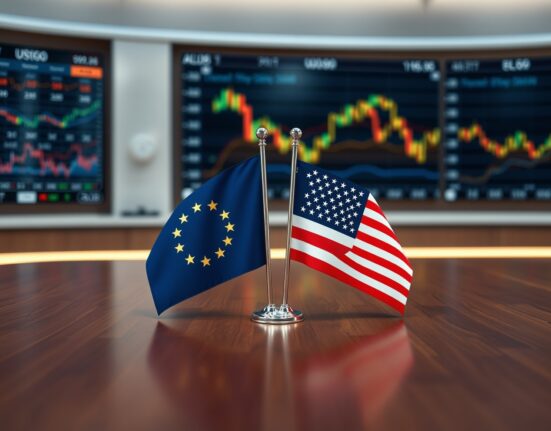 European Union and United States flags on a table in a financial news studio setting.