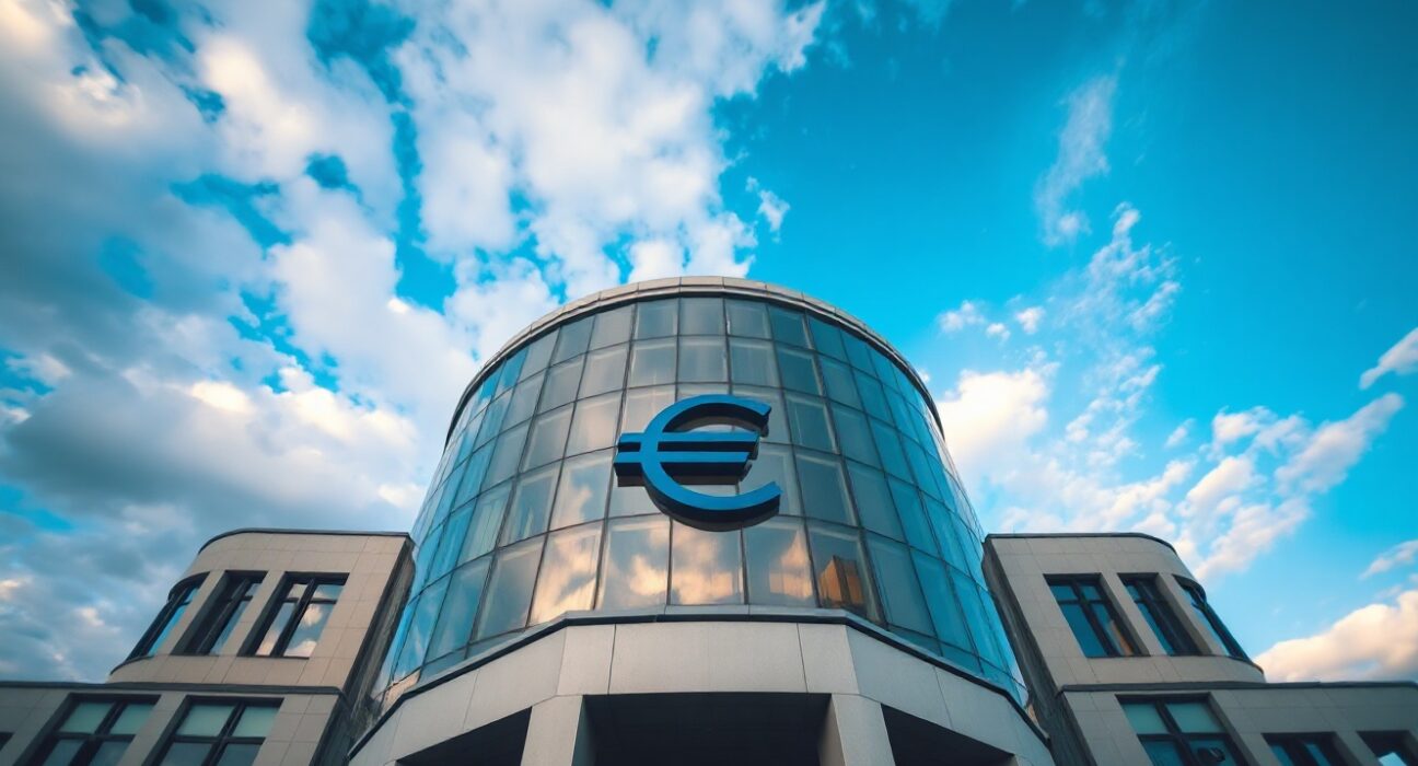 European Central Bank headquarters in Frankfurt with Euro symbol reflection