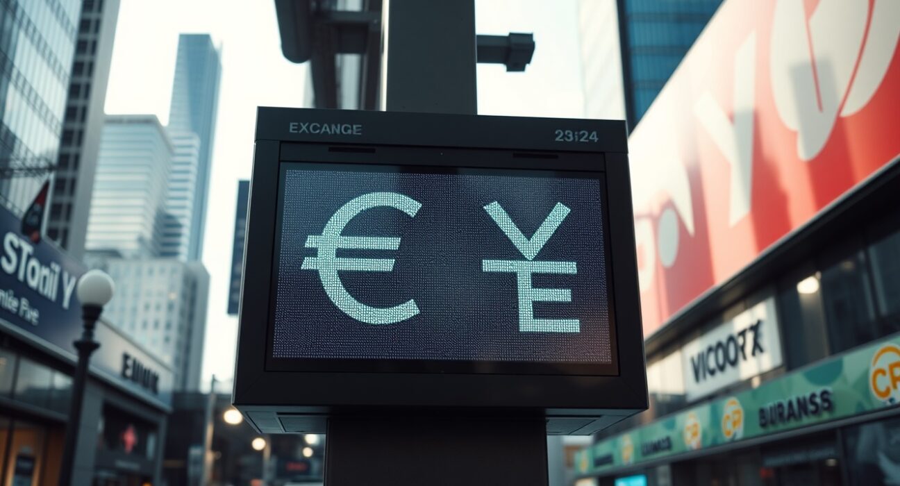 Digital currency board showing Euro and Yen symbols in financial district