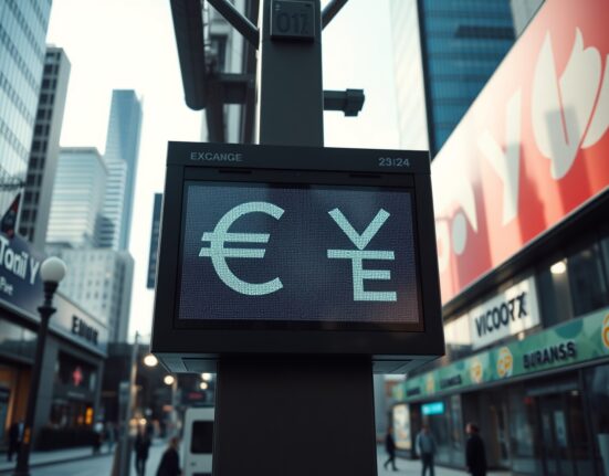 Digital currency board showing Euro and Yen symbols in financial district