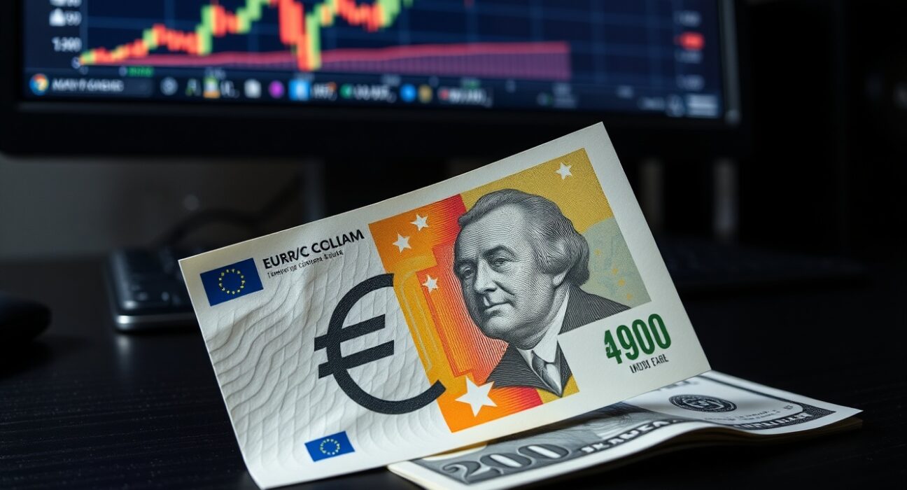 Euro banknote and US dollar on desk with EUR/USD chart on monitor