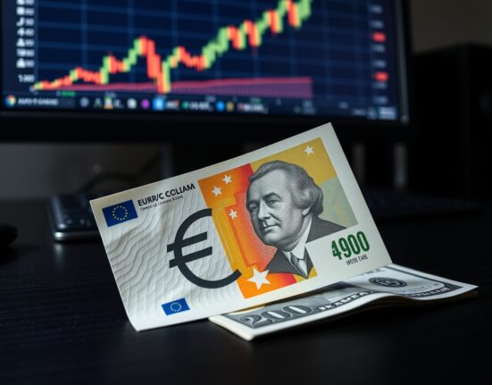 Euro banknote and US dollar on desk with EUR/USD chart on monitor