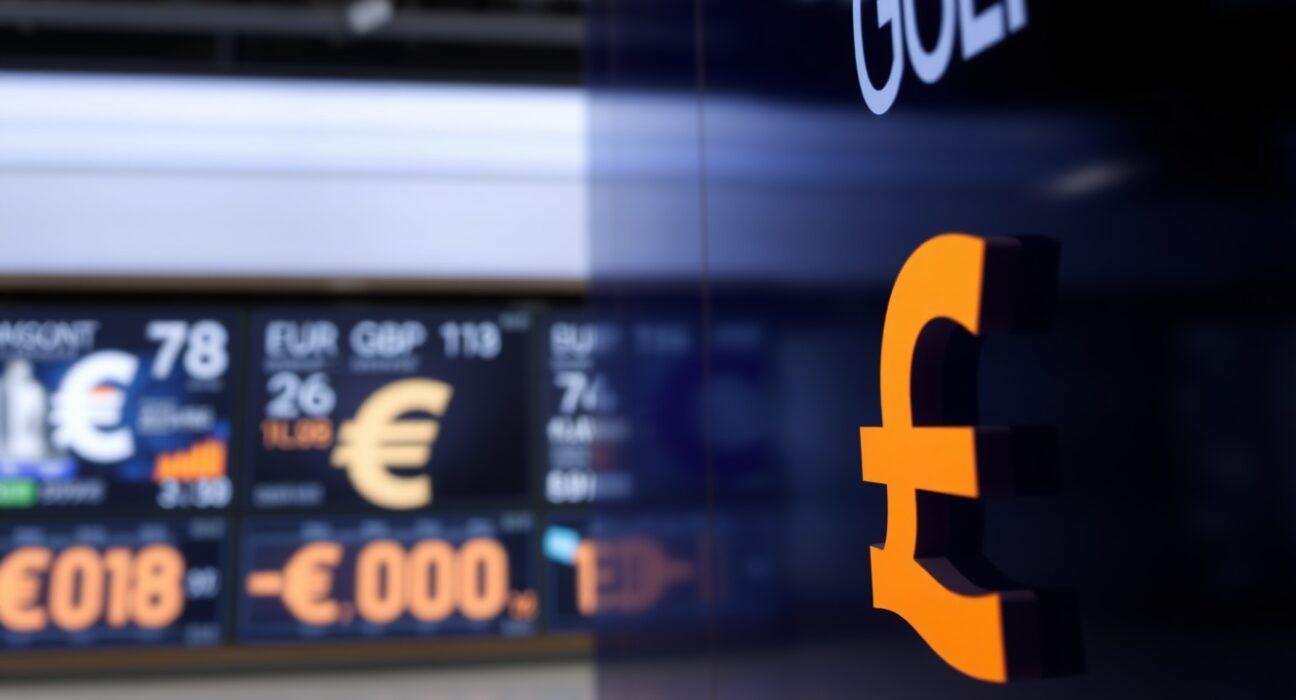 EUR/GBP exchange rate displayed on a digital trading screen in a financial news setting.
