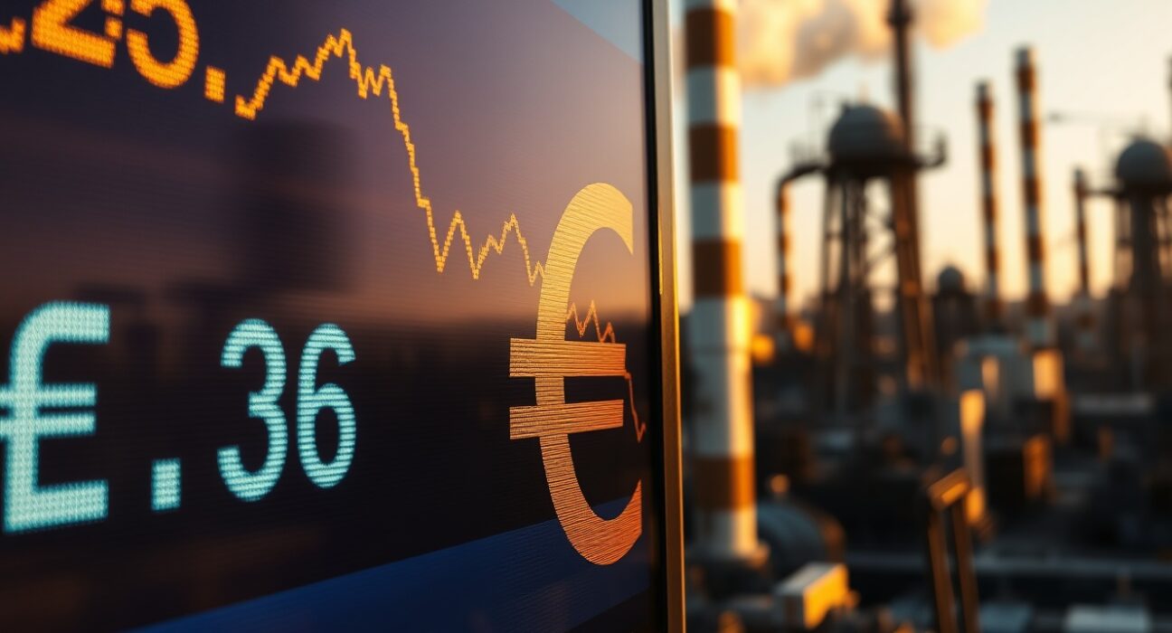 Euro currency symbol on a digital exchange board with oil refinery and Middle East map in background