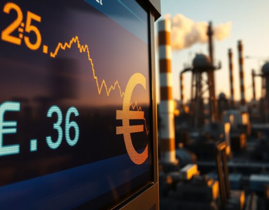 Euro currency symbol on a digital exchange board with oil refinery and Middle East map in background