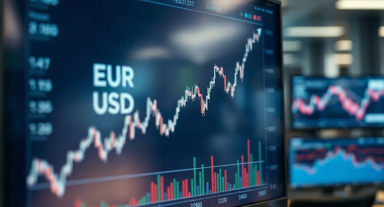 EUR/USD chart showing upward trend on a trading screen
